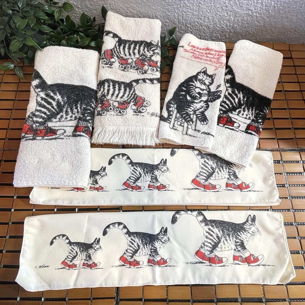 Vtg 70s 80s B Kliban Cat Bathroom Set 6pc Hand Towels Washcloths Handkerchiefs
